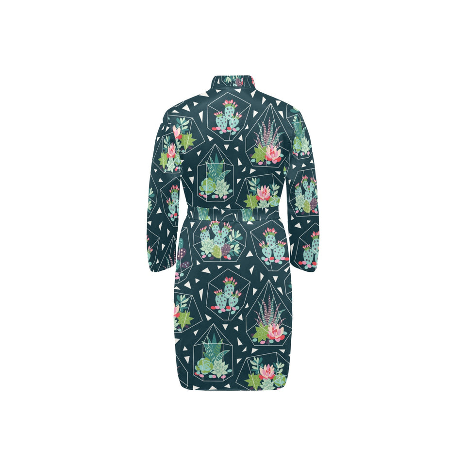 Cactus glass terrarium pattern Men's Long Sleeve Belted Night Robe