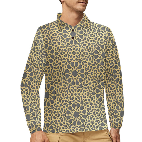 arabic star gold pattern Men's Long Sleeve Polo Shirt