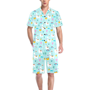 Llama alpaca cactus leaves pattern Men's V-Neck Short Pajama Set