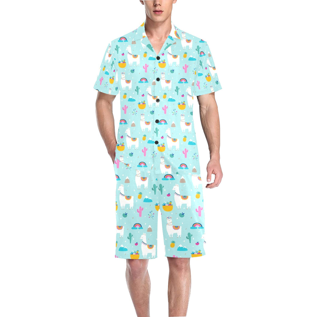 Llama alpaca cactus leaves pattern Men's V-Neck Short Pajama Set