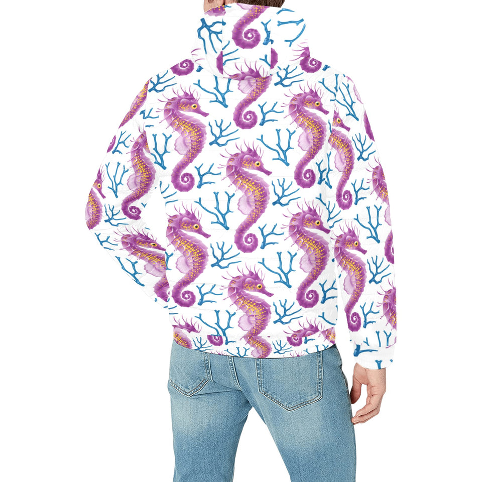 Purple seahorse blue coral pattern Men's Padded Hooded Jacket