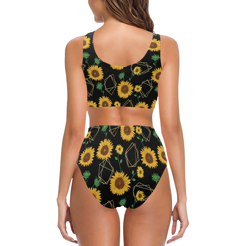 sunflower golden polygonal shapes Chest Bowknot High Waisted Bikini Swimsuit