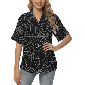 Spider web pattern Black background white cobweb Women's All Over Print Hawaiian Shirt