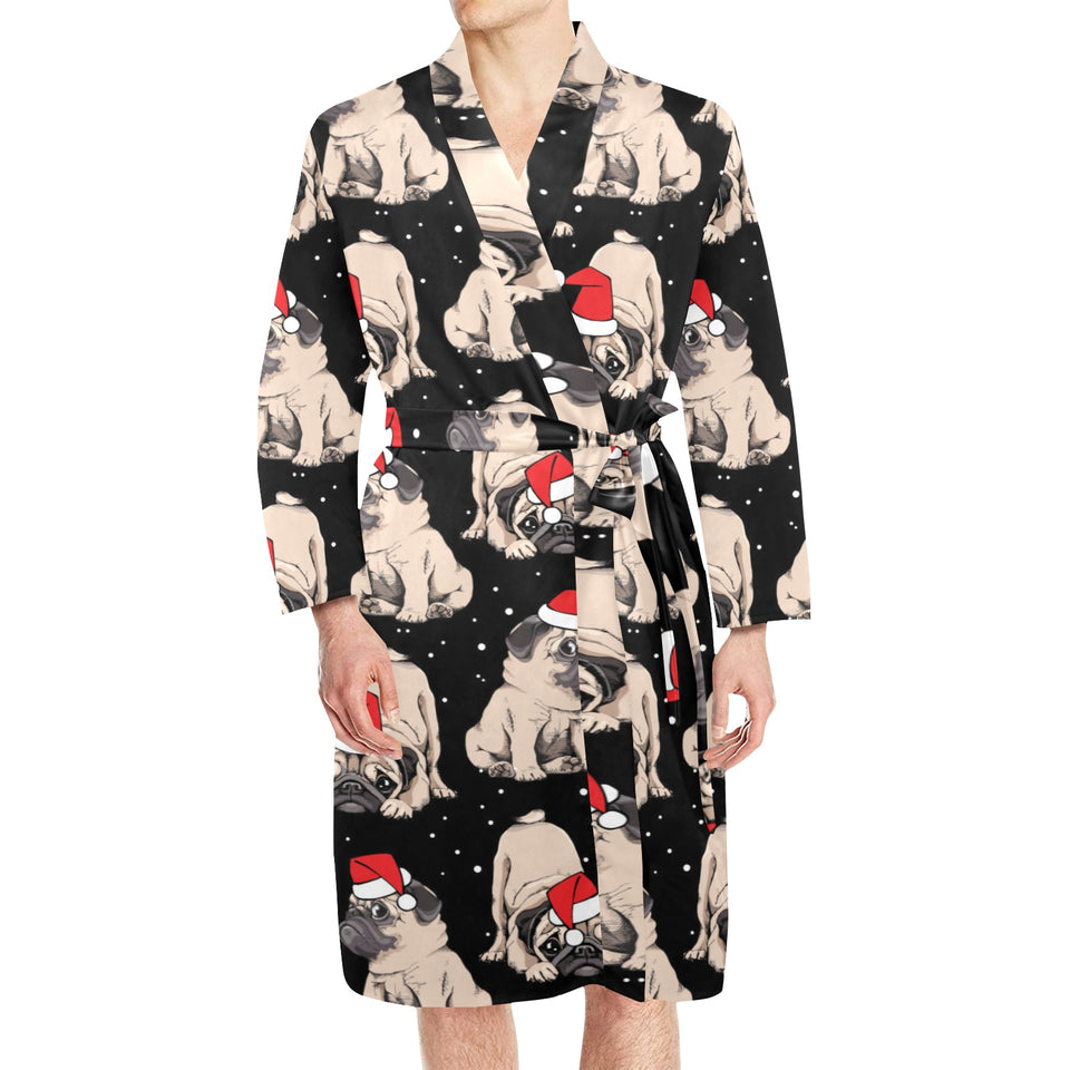 Christmas Pugs Santa_s red cap pattern Men's Long Sleeve Belted Night Robe