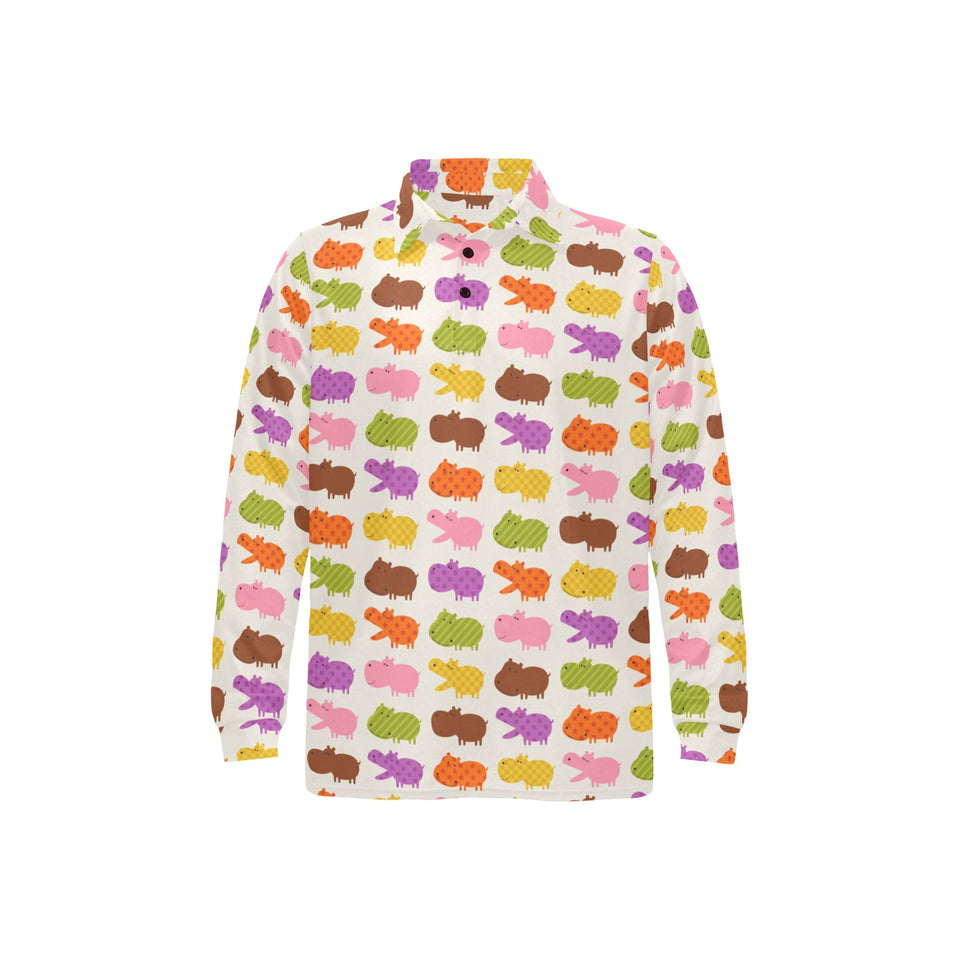 Hippopotamus Pattern Print Design 01 Men's Long Sleeve Polo Shirt