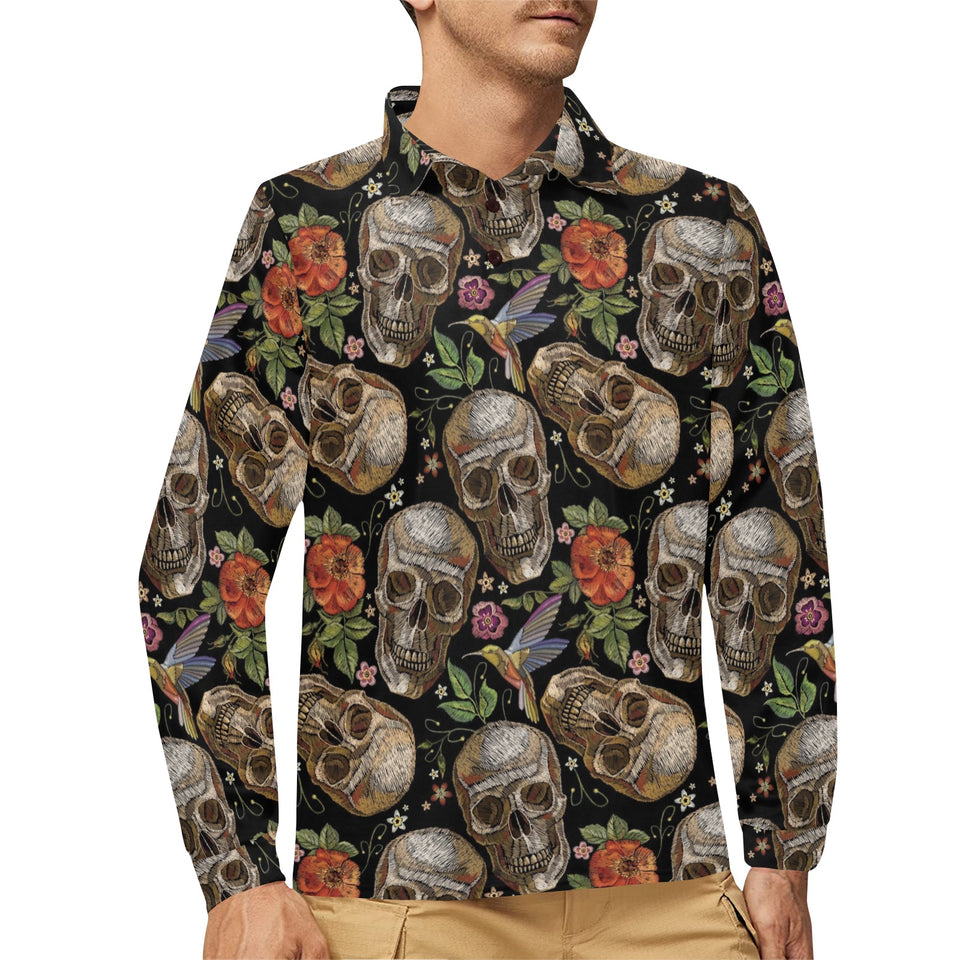 Skull rose humming bird flower pattern Men's Long Sleeve Polo Shirt
