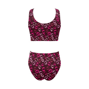 Lips Pattern Print Design 03 Chest Bowknot High Waisted Bikini Swimsuit