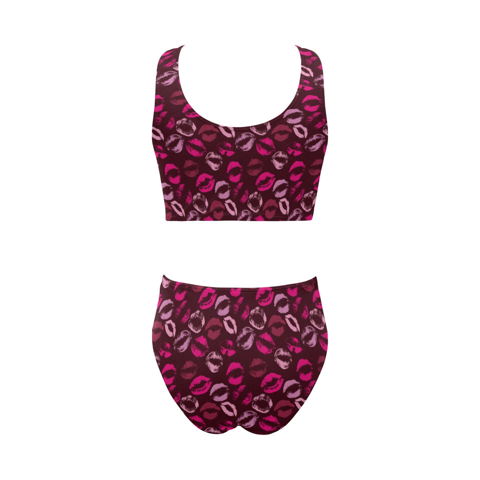 Lips Pattern Print Design 03 Chest Bowknot High Waisted Bikini Swimsuit