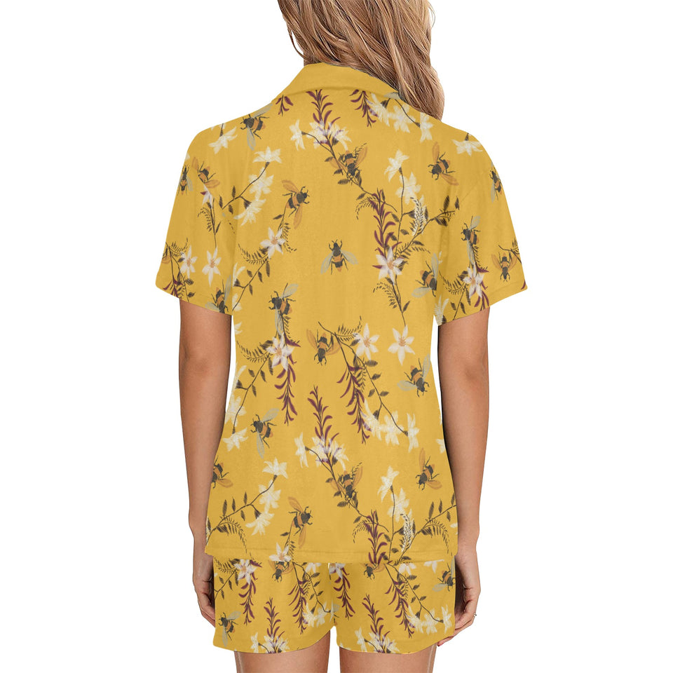 Bee flower pattern Women's V-Neck Short Pajama Set
