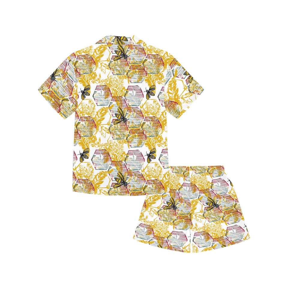 Cool Bee honeycomb leaves pattern Kids' Boys' Girls' V-Neck Short Pajama Set