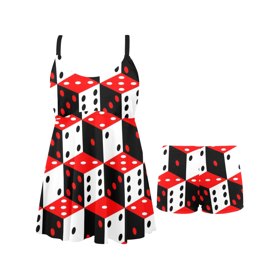 Dice Pattern Print Design 02 Chest Sexy Pleated Two Piece Swim Dress