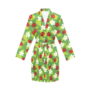 Ladybug Pattern Print Design 01 Women's Long Sleeve Belted Night Robe