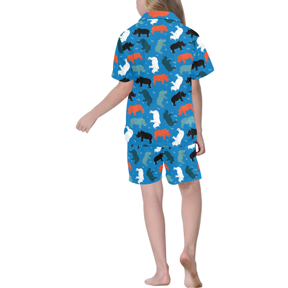 Colorful rhino pattern Kids' Boys' Girls' V-Neck Short Pajama Set