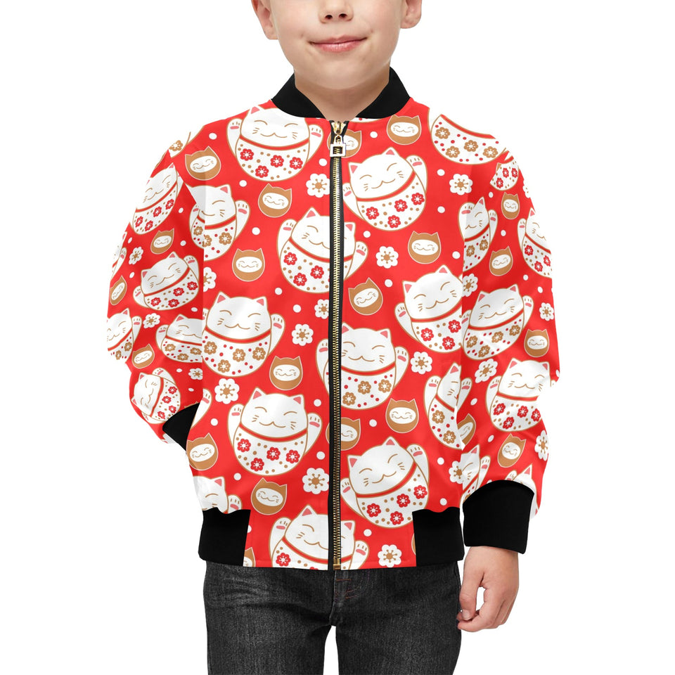 Cute Maneki neko cat red background Kids' Boys' Girls' Bomber Jacket