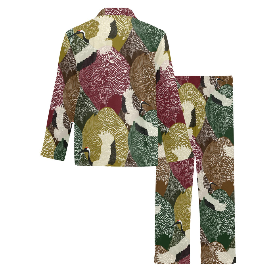 Japanese cranes flying forest dot pattern Men's Long Pajama Set
