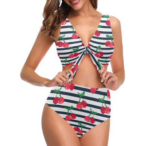 Hand drawn cherry pattern striped background Chest Bowknot High Waisted Bikini Swimsuit