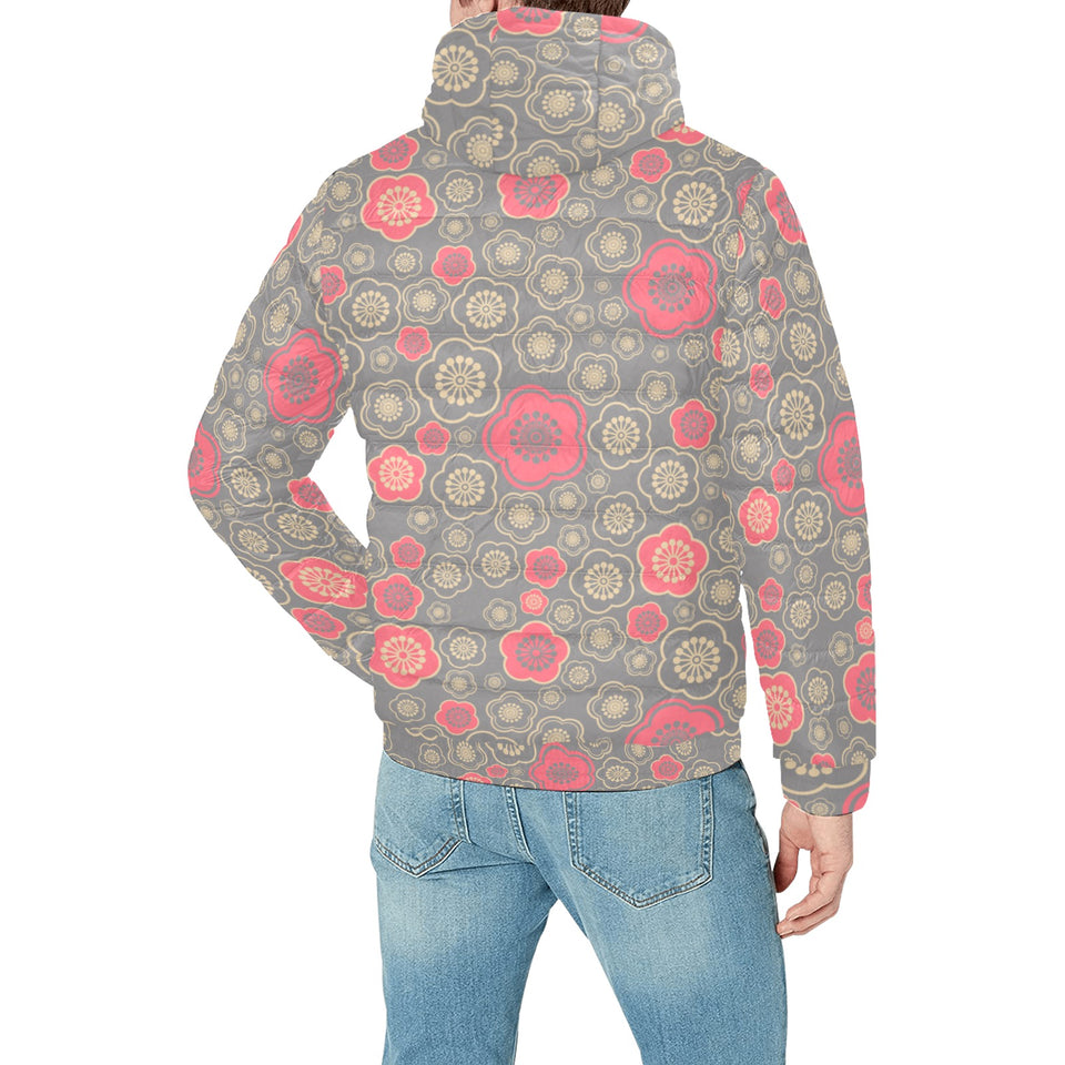 Red gold Sakura cherry blossom gray background Men's Padded Hooded Jacket