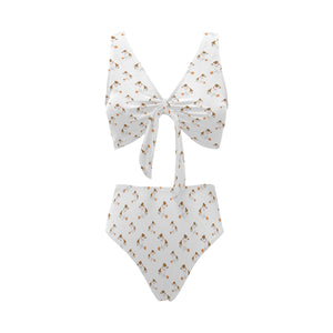 Jack Russel Pattern Print Design 05 Chest Bowknot High Waisted Bikini Swimsuit