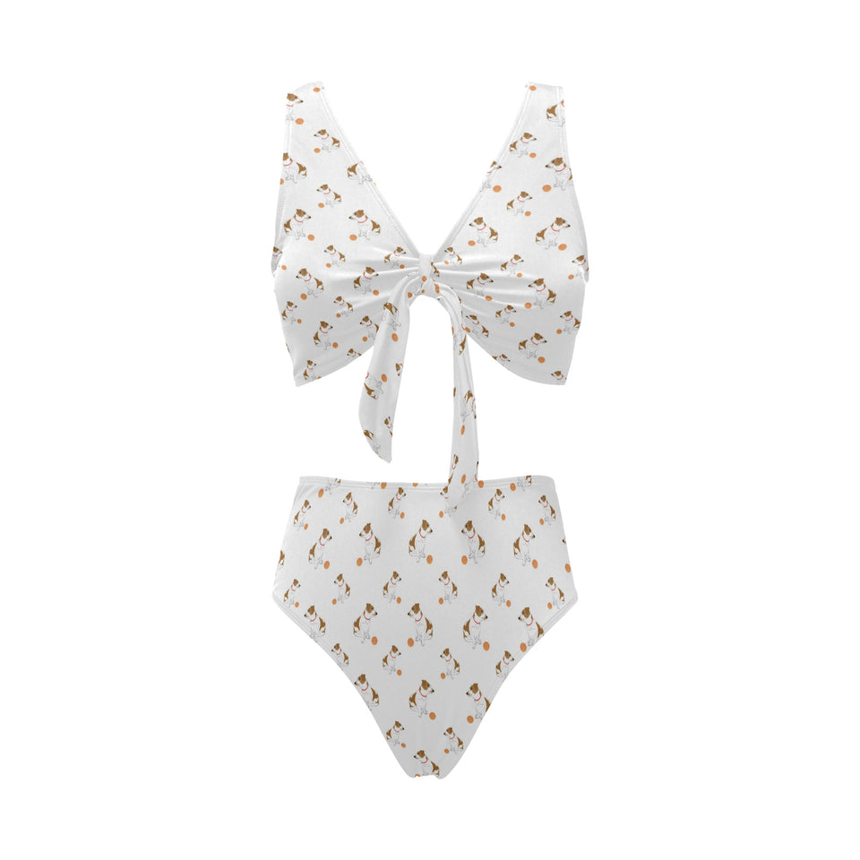 Jack Russel Pattern Print Design 05 Chest Bowknot High Waisted Bikini Swimsuit
