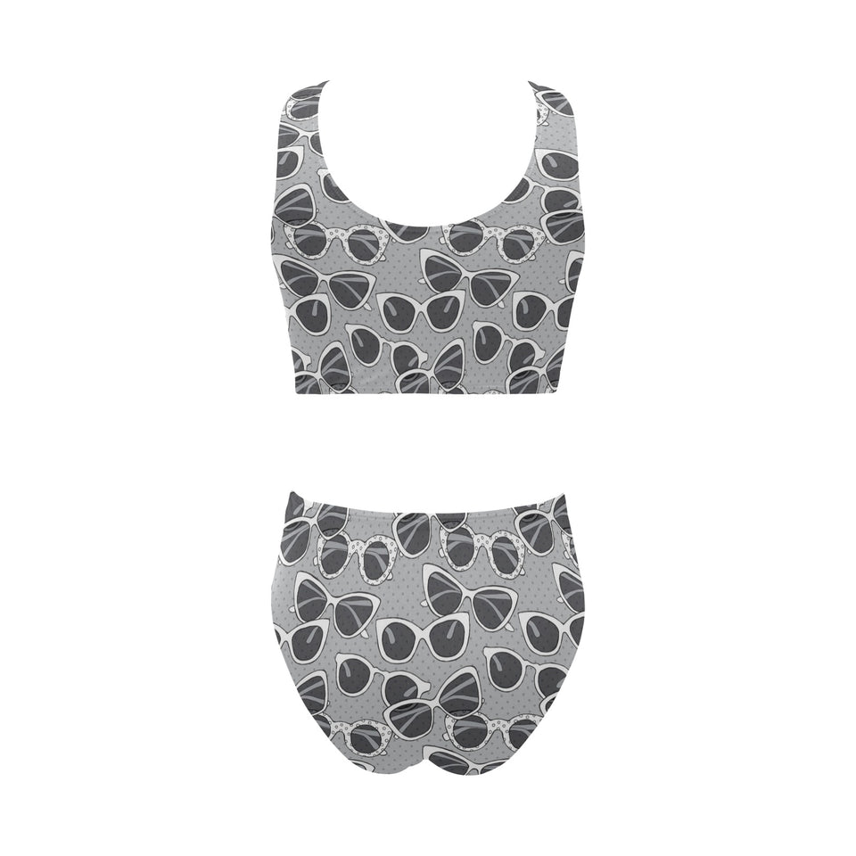 Sun Glasses Pattern Print Design 04 Chest Bowknot High Waisted Bikini Swimsuit
