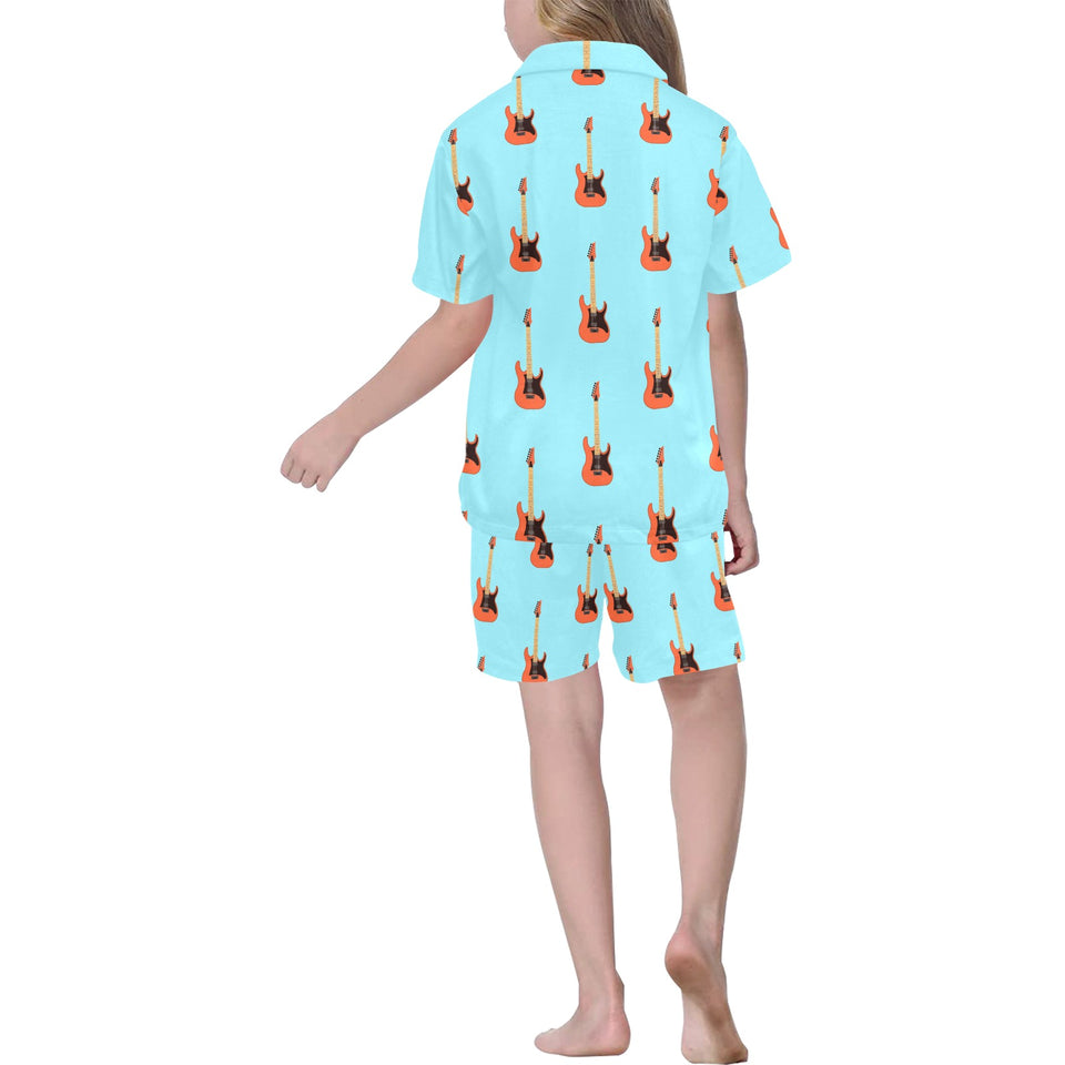 electric guitar pattern light blue background Kids' Boys' Girls' V-Neck Short Pajama Set