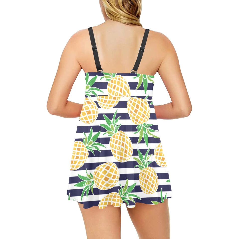 Pineapples pattern striped background Chest Sexy Pleated Two Piece Swim Dress