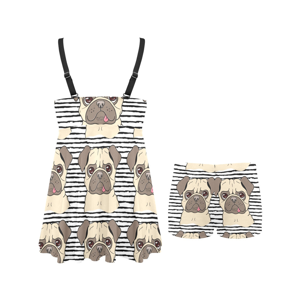 Happy pug pattern Chest Sexy Pleated Two Piece Swim Dress