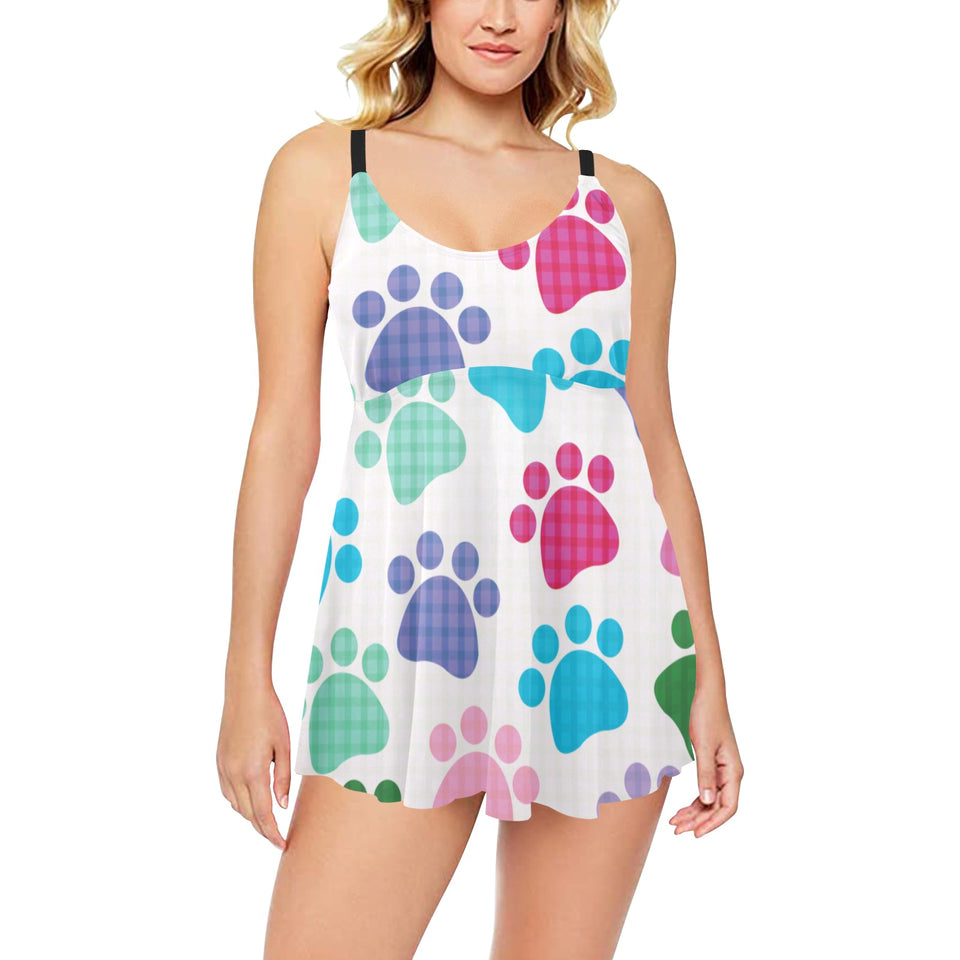 Dog Paws Pattern Print Design 01 Chest Sexy Pleated Two Piece Swim Dress