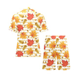 Maple leaf oak leaf acorns beige striped backgroun Men's V-Neck Short Pajama Set