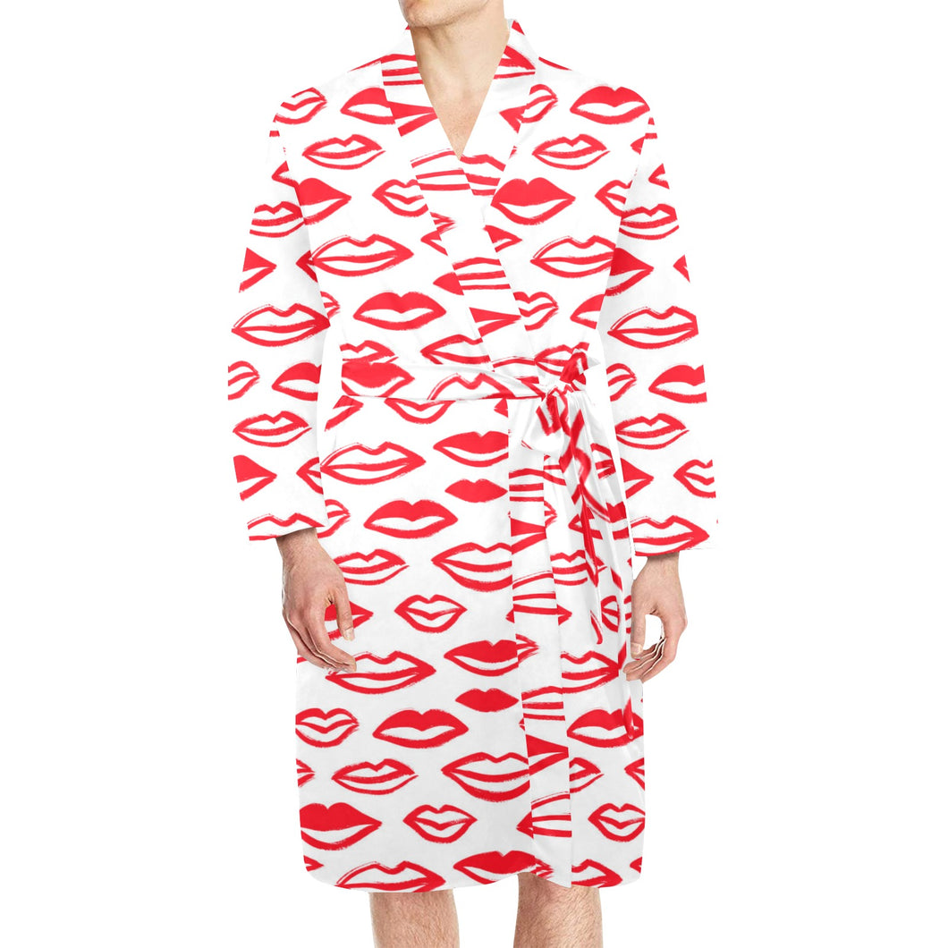 Lips Pattern Print Design 05 Men's Long Sleeve Belted Night Robe