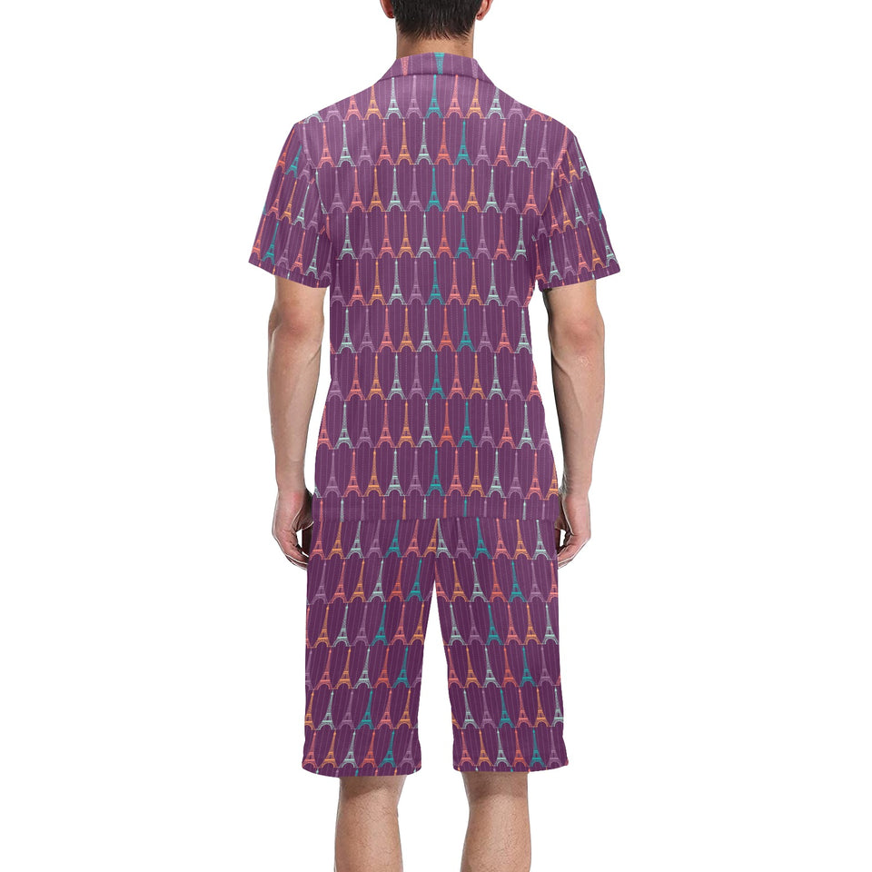 Eiffel Tower Pattern Print Design 05 Men's V-Neck Short Pajama Set