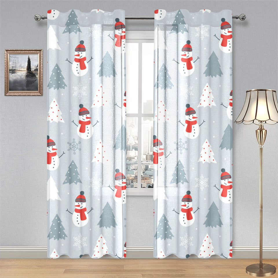 Snowman christmas tree snow gray background Gauze Curtain