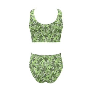 Canabis Marijuana Weed Pattern Print Design 01 Chest Bowknot High Waisted Bikini Swimsuit