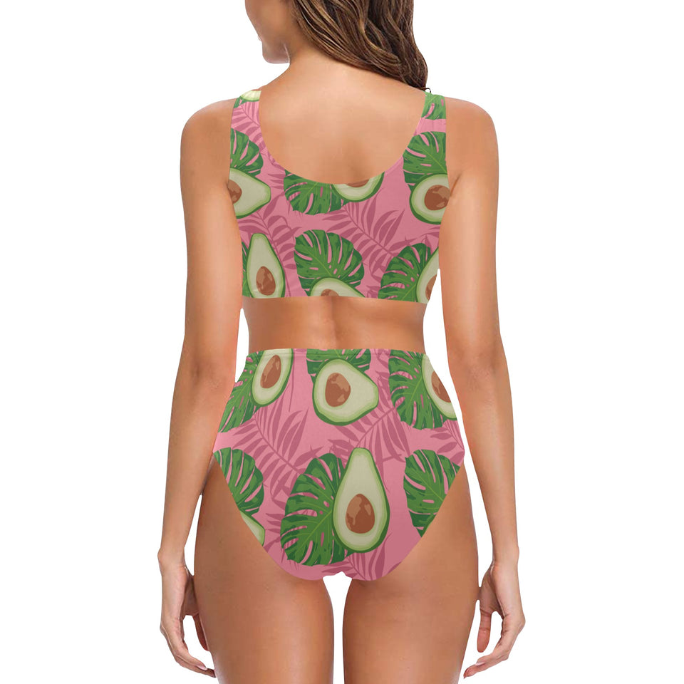 Avocado slices leaves pink back ground Chest Bowknot High Waisted Bikini Swimsuit
