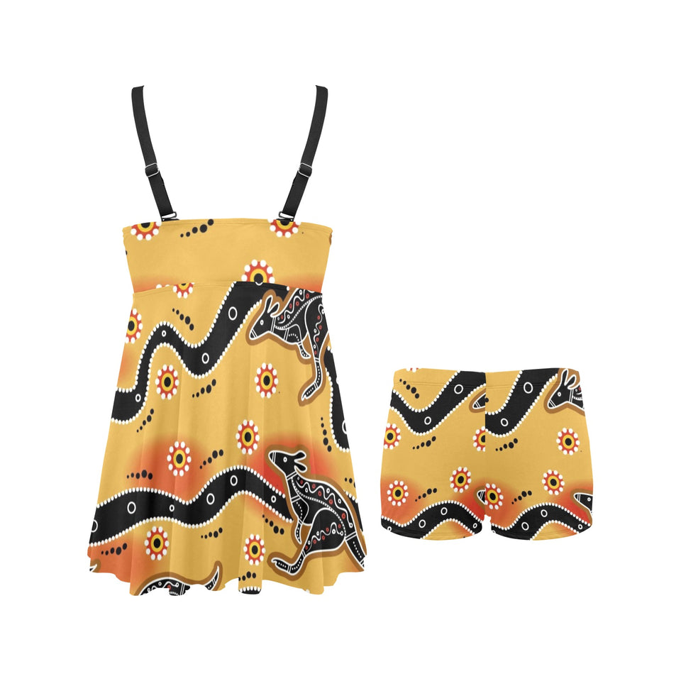 Kangaroo Australian aboriginal art pattern Chest Sexy Pleated Two Piece Swim Dress