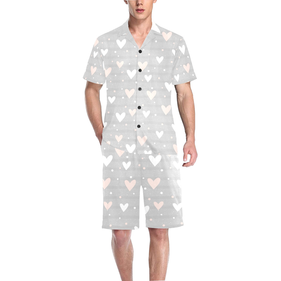 Heart pattern gray background Men's V-Neck Short Pajama Set