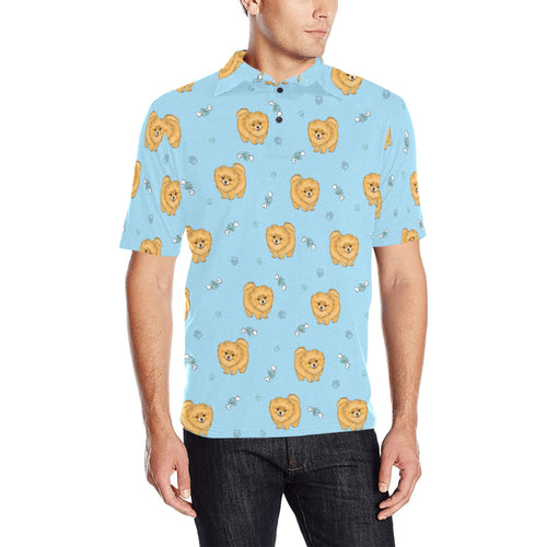 Brown cute pomeranian blue blackground Men's All Over Print Polo Shirt