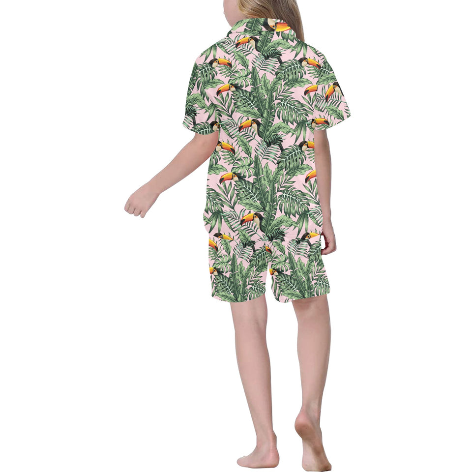 Toucan tropical green jungle palm pattern Kids' Boys' Girls' V-Neck Short Pajama Set