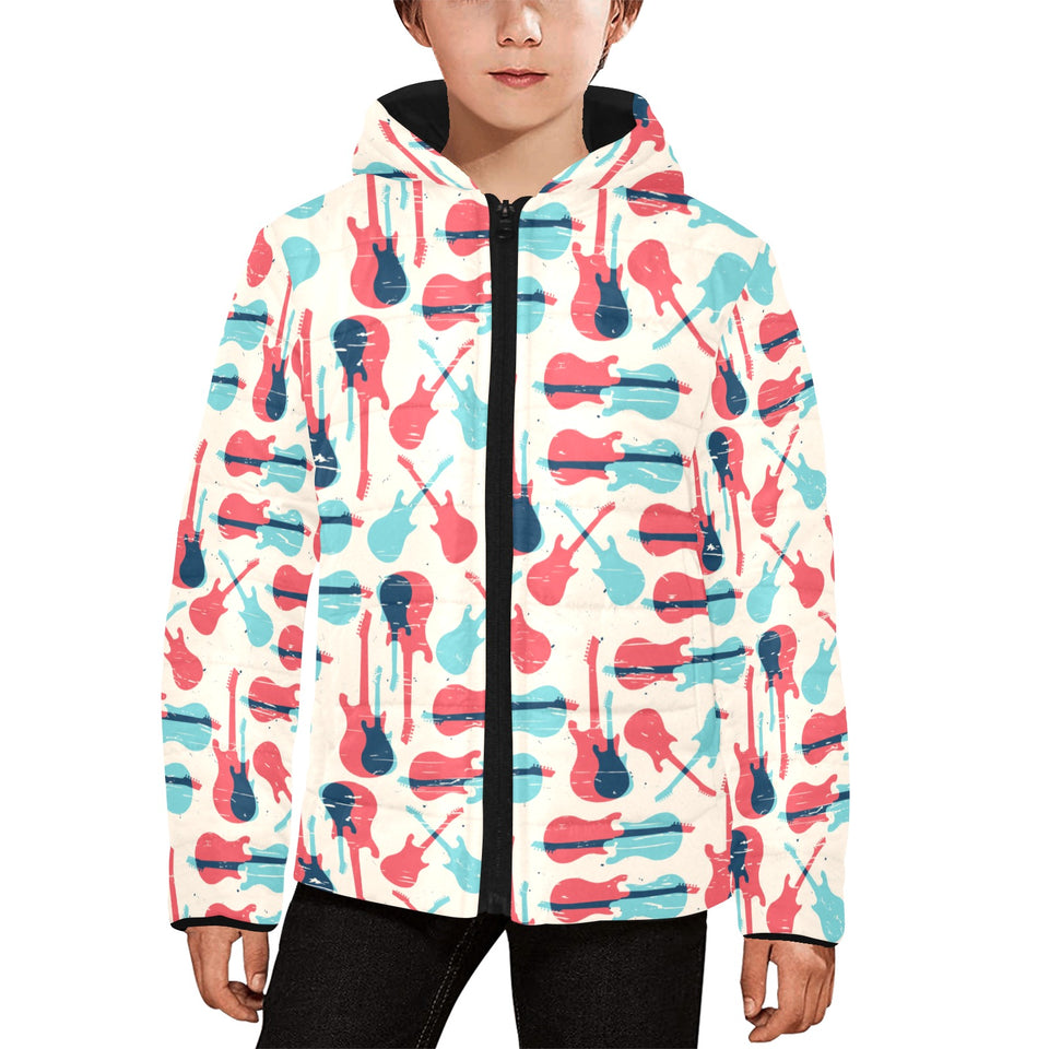 Red Blue guitar pattern Kids' Boys' Girls' Padded Hooded Jacket
