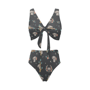 Cute koala pattern Chest Bowknot High Waisted Bikini Swimsuit