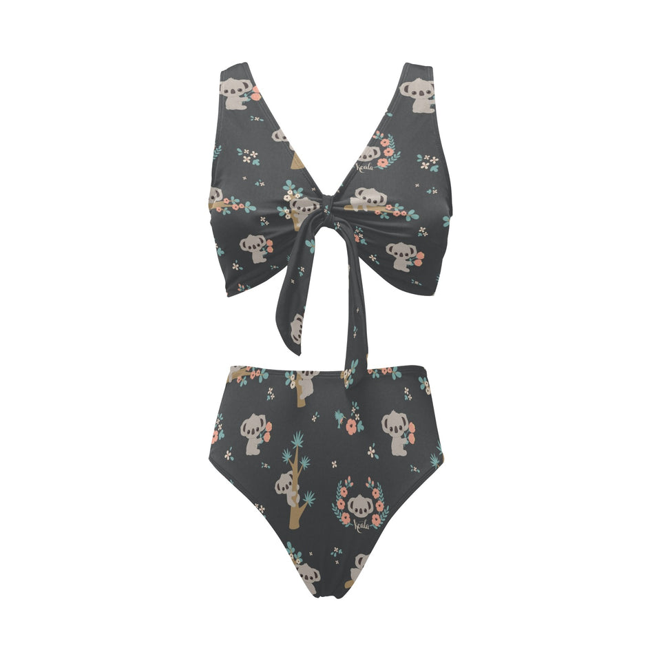 Cute koala pattern Chest Bowknot High Waisted Bikini Swimsuit