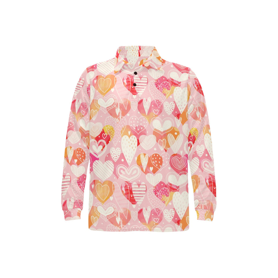 Hand drawn heart design pattern Men's Long Sleeve Polo Shirt