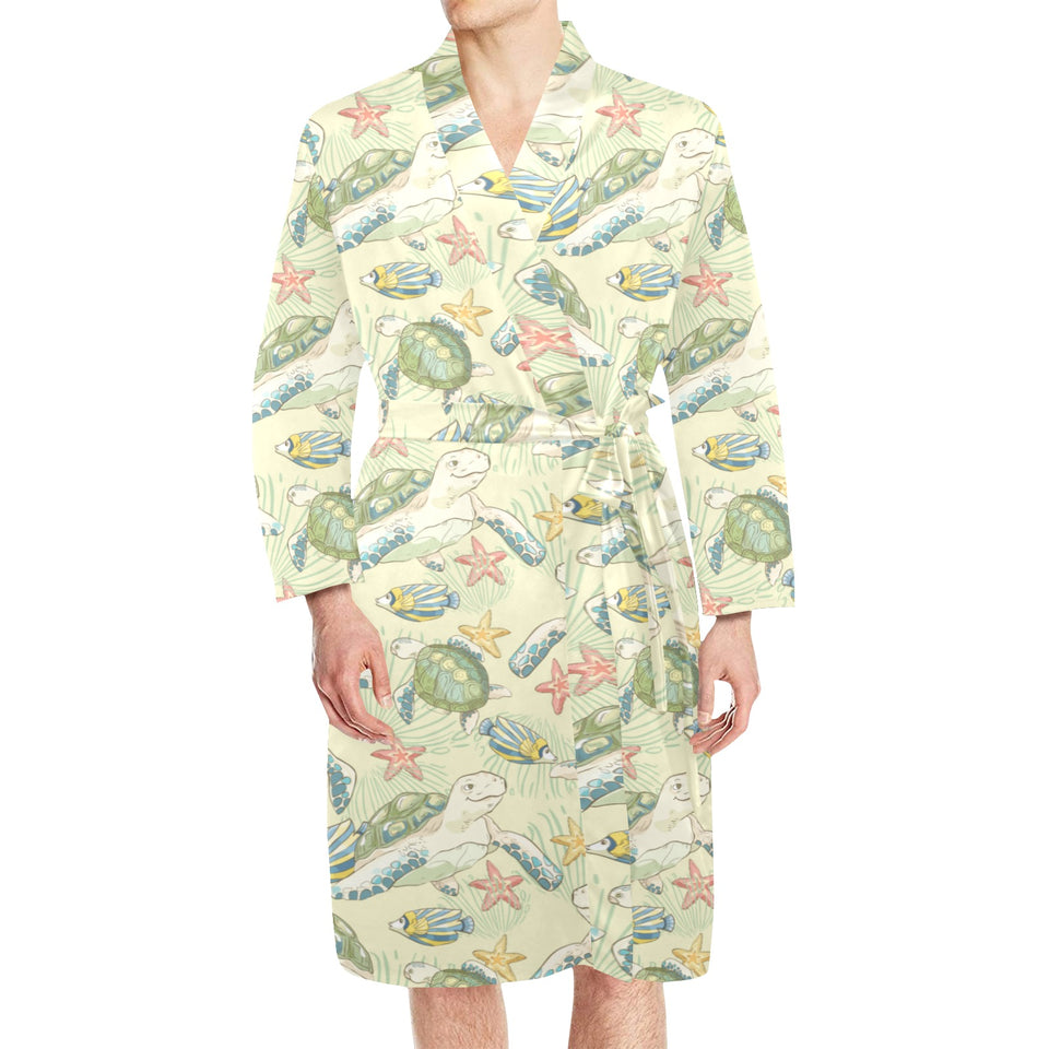 Hand drawn sea turtle fish pattern Men's Long Sleeve Belted Night Robe
