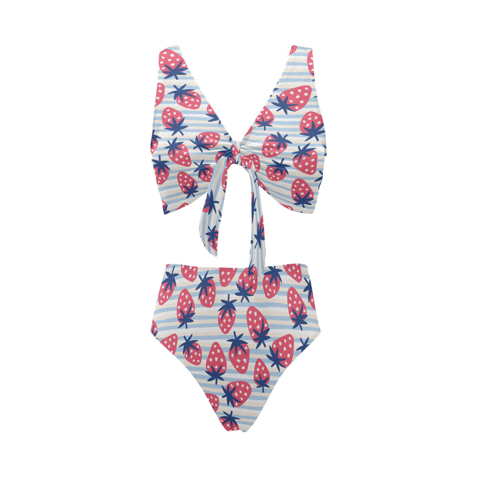 Strawberry pattern blue lines background Chest Bowknot High Waisted Bikini Swimsuit