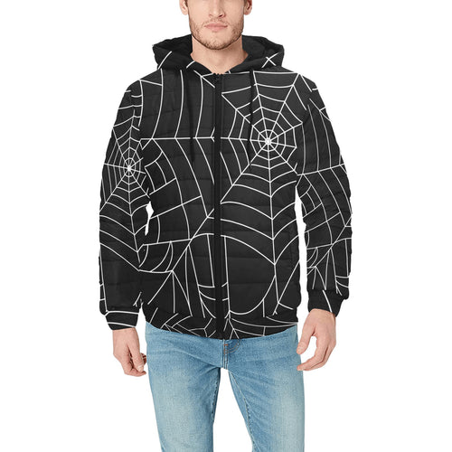 Spider web pattern Black background white cobweb Men's Padded Hooded Jacket