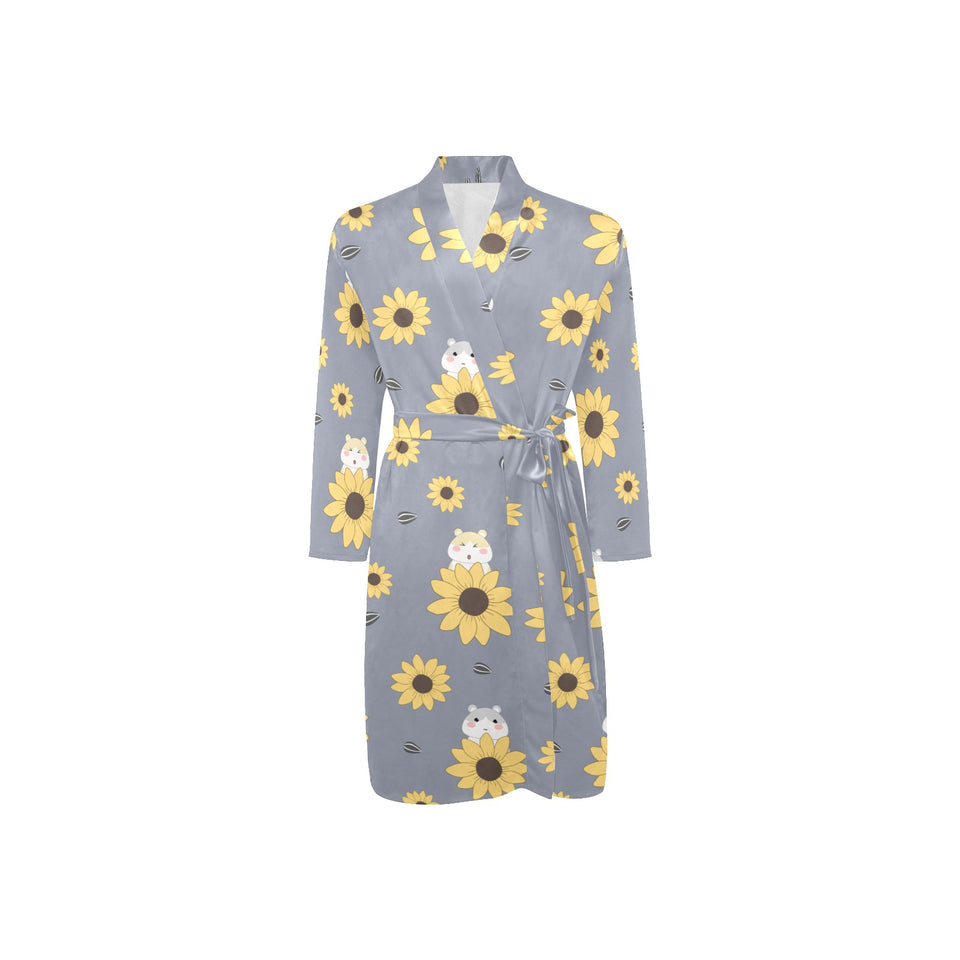 Cute hamster sunflower pattern background Men's Long Sleeve Belted Night Robe