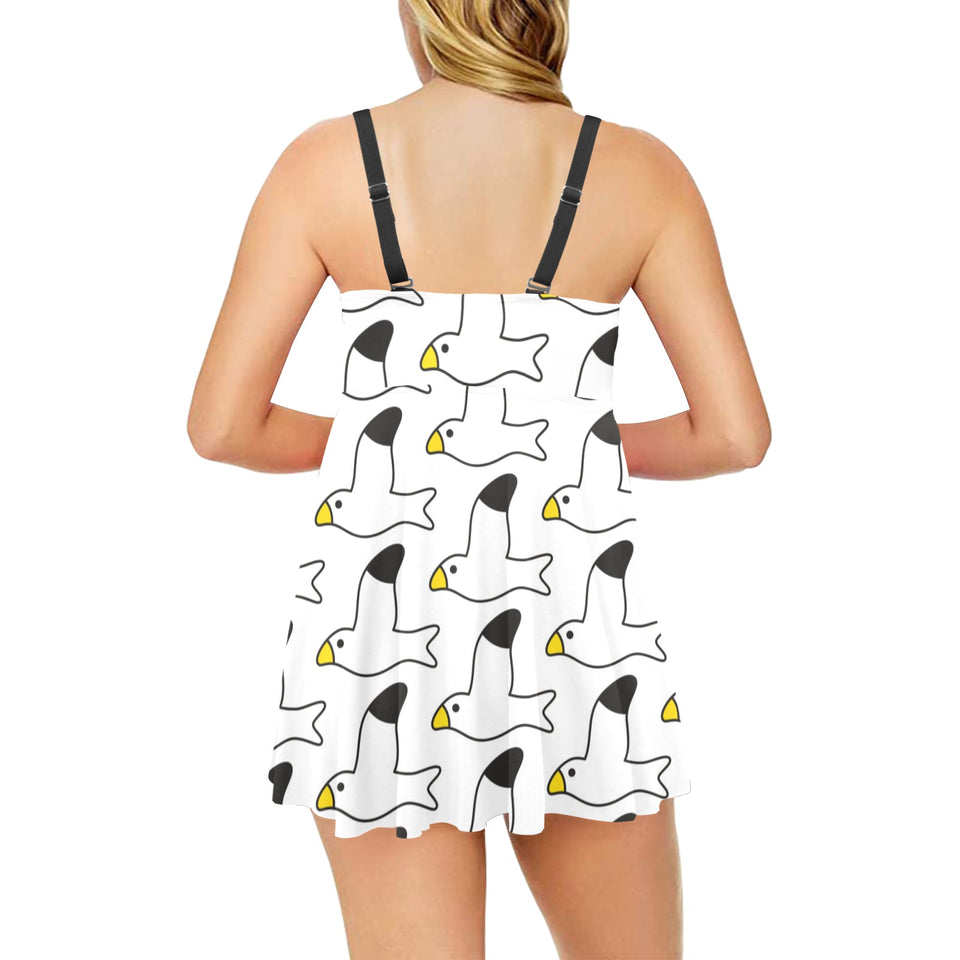 Seagull Pattern Print Design 05 Chest Sexy Pleated Two Piece Swim Dress