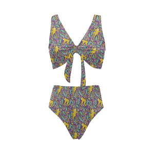 Cute yellow monkey leaves pattern Chest Bowknot High Waisted Bikini Swimsuit