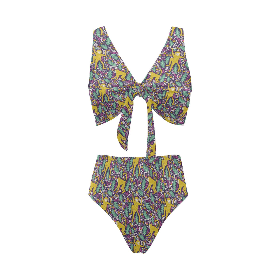 Cute yellow monkey leaves pattern Chest Bowknot High Waisted Bikini Swimsuit