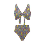 Cute yellow monkey leaves pattern Chest Bowknot High Waisted Bikini Swimsuit